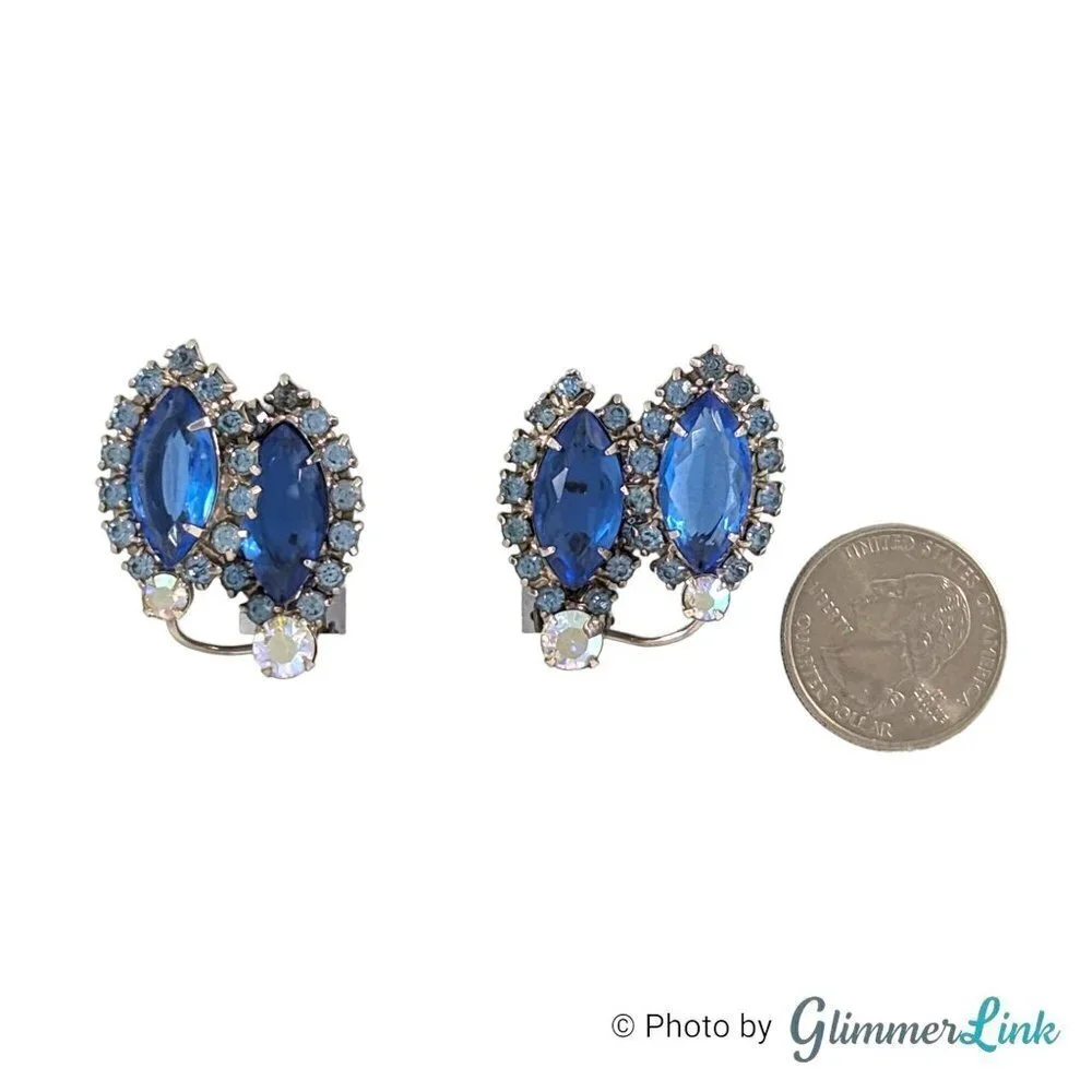 VTG Aurora Borealis Blue Rhinestone Ear Climber Silver Tone Clip On Earrings